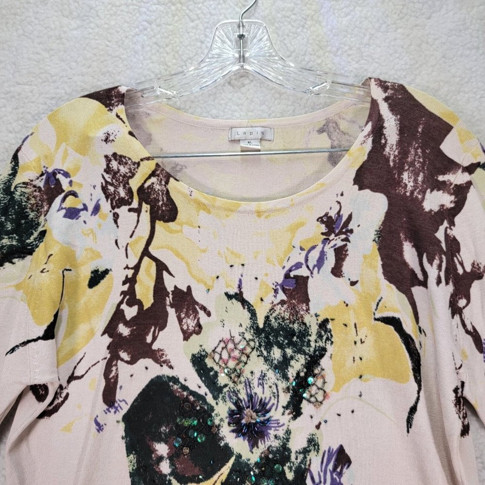 Lapis Beige Abstract Floral Sequin Knit Long Sleeve Round Neck Top Blouse - Picture 2 of 12